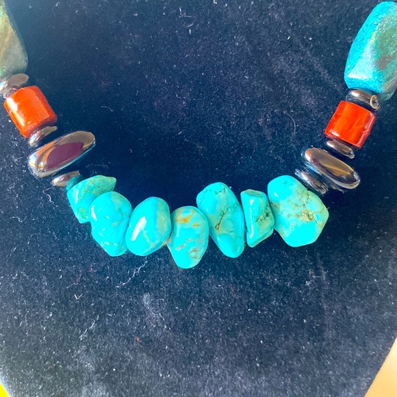 Mens Lava Stone and Turquoise Ocean Jasper Necklace- Black  ❤️ Necklace Made Of Black Onyx, Serpentine, Red Jasper,  Apatite and Turquoise